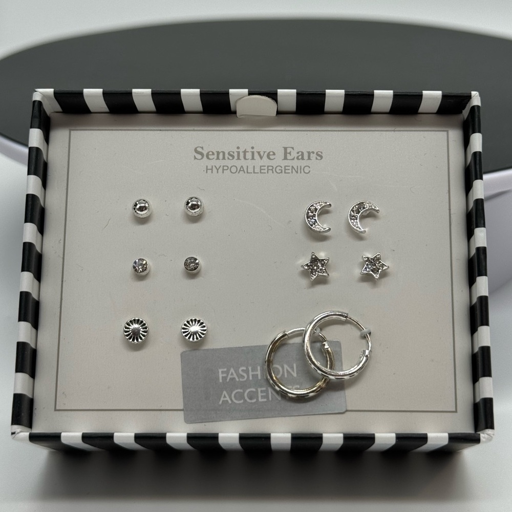 Box Set 6 Pairs Silver Stud and Hoop Earrings